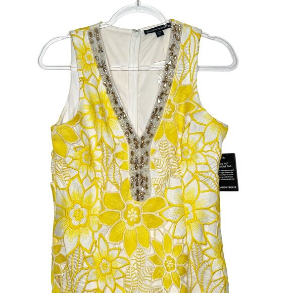BOSTON PROPER Embellished Neckline Lace Shift Dress Yellow White Womens 10 NWT - Picture 4 of 12